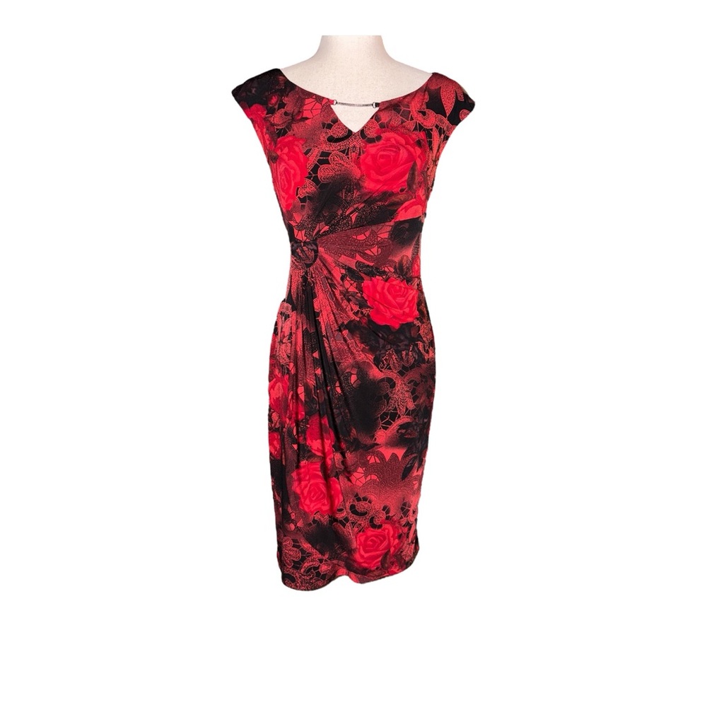 Connected Apparel Red and Black Ruched Sheath Dress